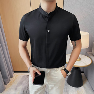 7138-P58  88 短袖刺绣衬衫男士夏季新款立领暗扣衬衣图片