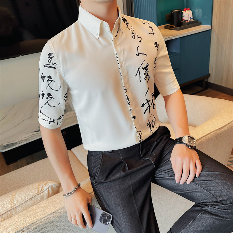 C7131-P6898中袖衬衫男士夏季新款风印花黑白衬衣五分袖,男装T恤,电商B333