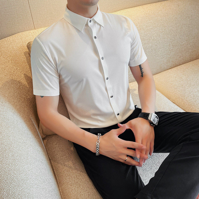 8212-P5879短袖冰丝衬衫男士夏季新款条纹纯色百搭衬衣,男装衬衫,电商B333