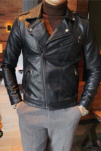 JR109-P150秋冬男士修身加绒皮衣韩版型男斜拉链翻领皮夹克外套黑图片
