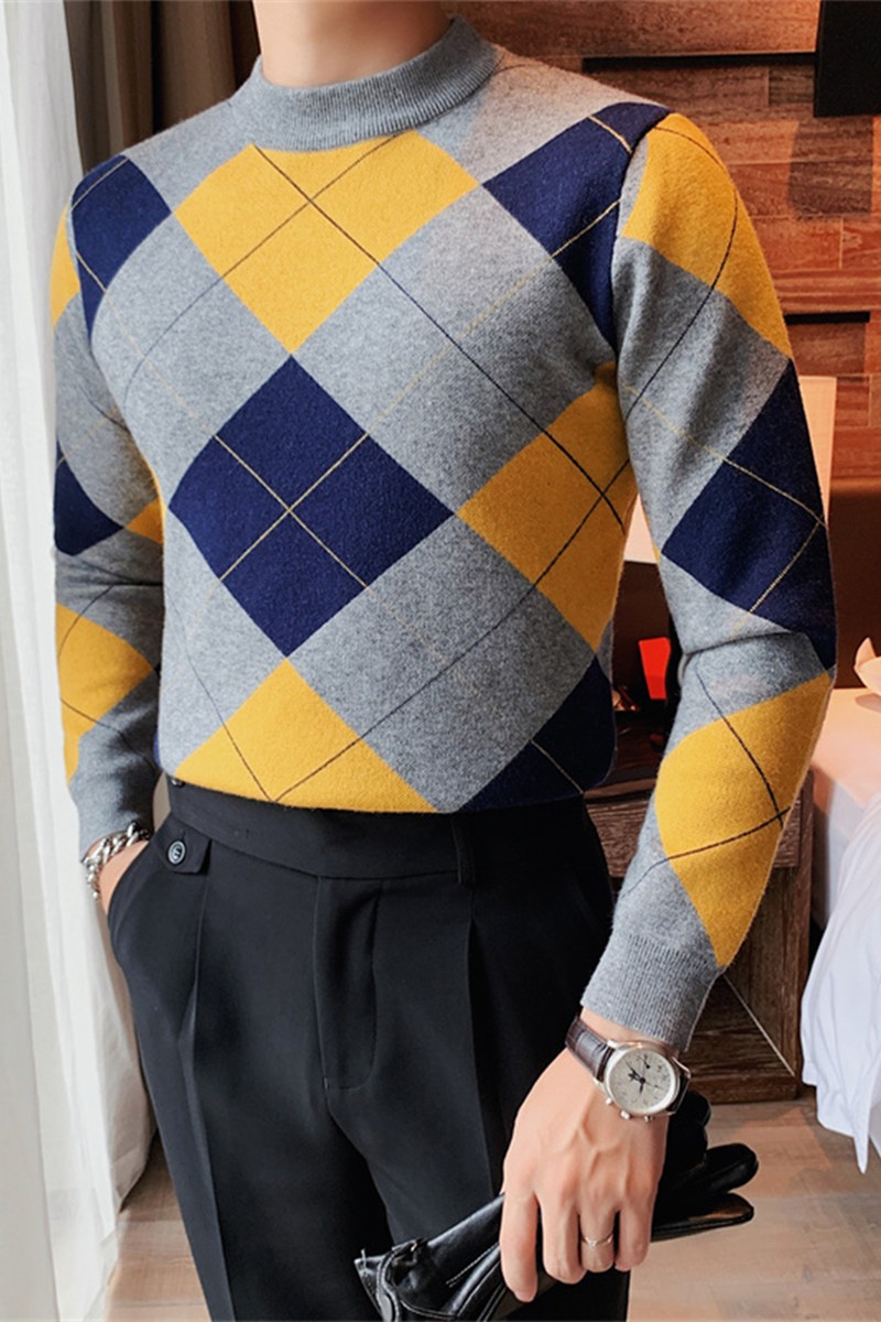 8508-P75长袖格子毛衣男士秋冬休闲撞色针织衫圆领套头线衫打底衫,男装T恤,电商B333