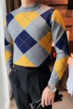 8508-P75长袖格子毛衣男士秋冬休闲撞色针织衫圆领套头线衫打底衫，男装T恤，电商B333
