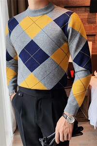 8508-P75长袖格子毛衣男士秋冬休闲撞色针织衫圆领套头线衫打底衫图片