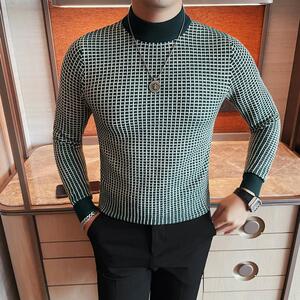 8530-P68 半高领小格子针织衫毛衣男士秋冬新款修身中领打底衫图片