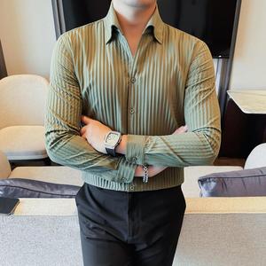 7171-P65暗皱条纹长袖衬衫男士秋冬新款商务休闲时尚衬衣