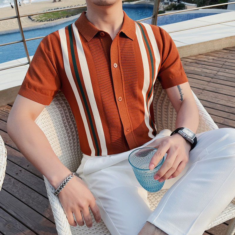 M52-P78针织冰丝条纹短袖polo衫男士夏季撞色开衫翻领t恤,男装Polo衫,电商B333