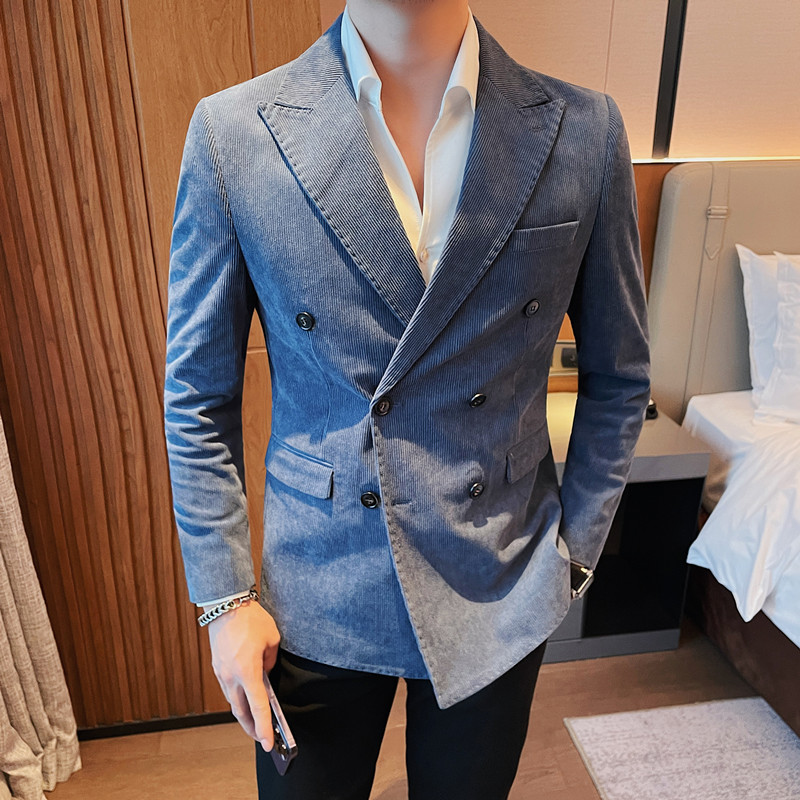 23580-P155灯芯绒西装外套男士双排扣西服修身条纹休闲西装,男装西服套装,电商B333