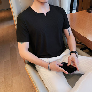 5883-特P30 V领短袖t恤男士夏季冰丝打底衫潮流修身体恤图片