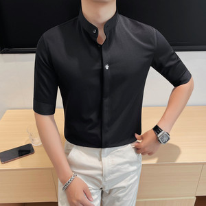 7139-P58 88 中袖刺绣衬衫男士夏季新款立领暗扣衬衣图片