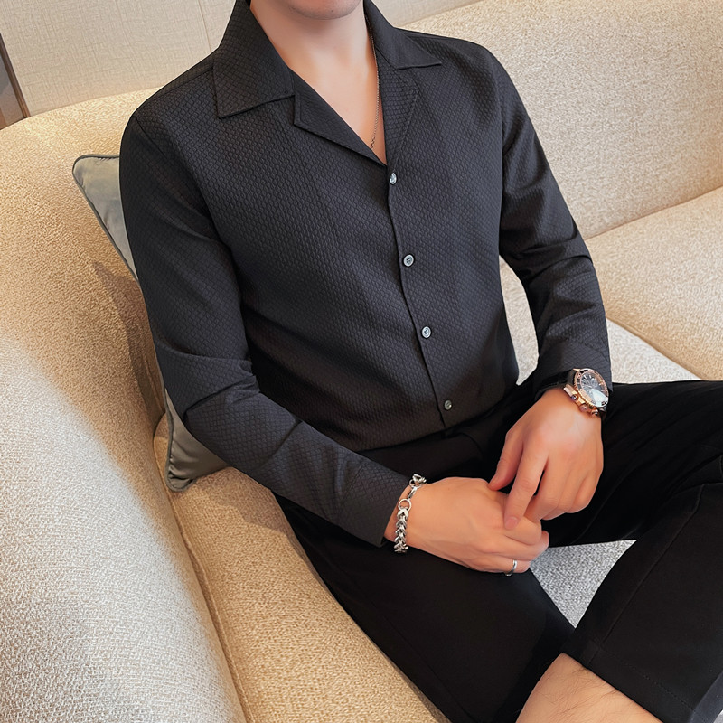 C6556-P78 V领长袖衬衫男士春季新款商务休闲格纹衬衣纯色图片