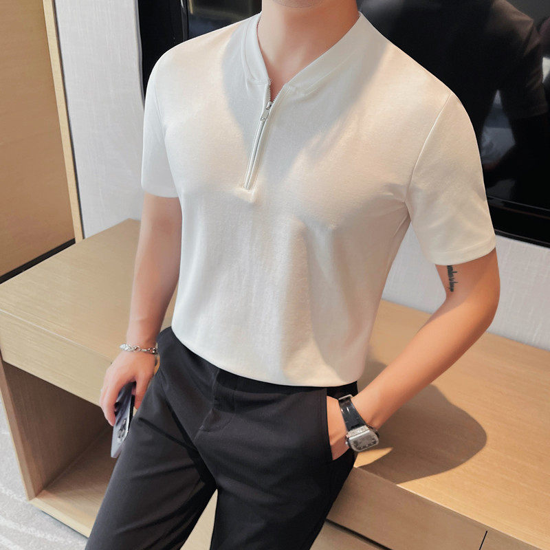 7867-P58 拉链款POLO衫男士短袖体恤 无领半袖T恤图片