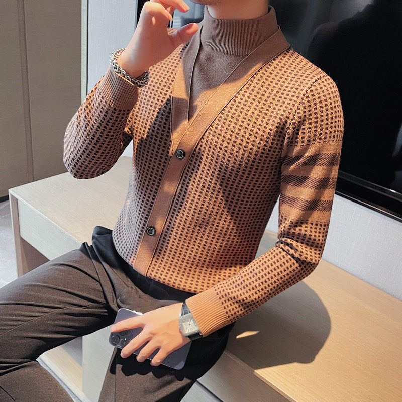 HM015-P75秋冬男士毛衣针织衫线衣英伦潮流格子半高领修身打底,男装T恤,电商B333