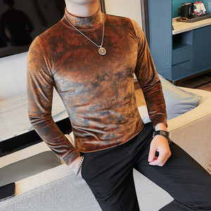 T6913-P58 绒布印花男士打底衫秋冬款新款半高领内搭中领长袖T恤图片