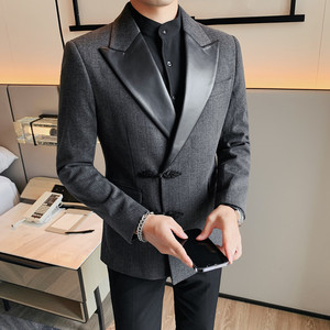 XF1038-P175 厚西装外套男士西服礼服修身休闲 皮领拼接单排扣图片
