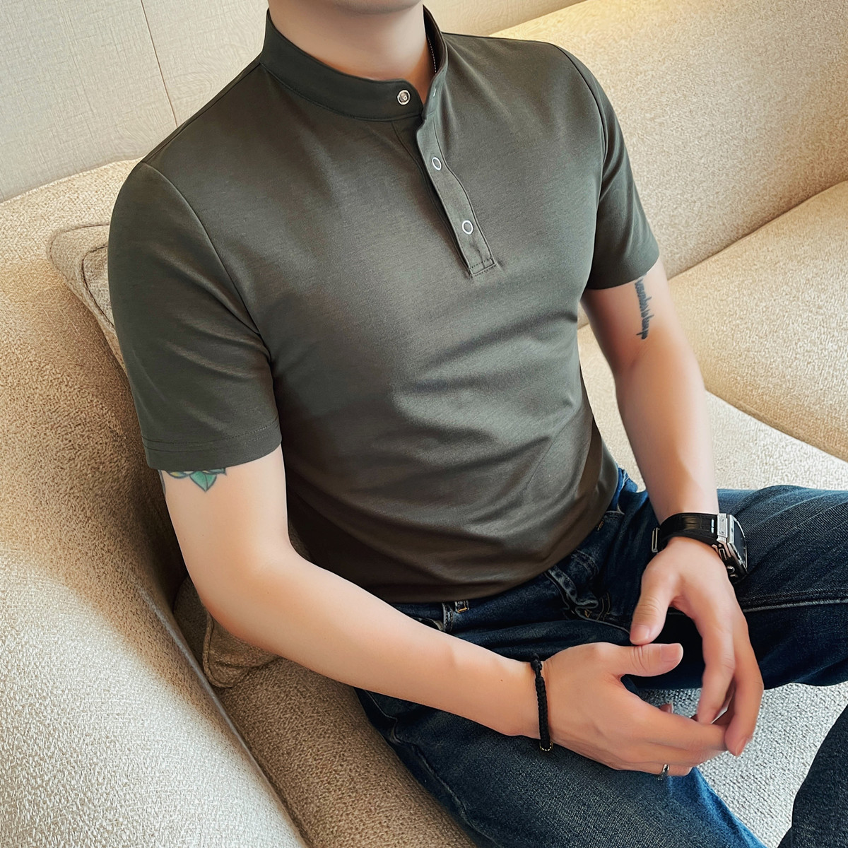 7513-P53亨利领短袖POLO衫男士夏季新款纯色百搭半袖立领T恤,男装Polo衫,电商B333