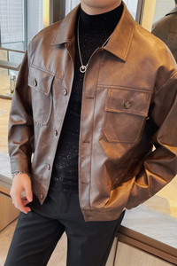 JK1118-P138 皮衣男士春秋新款 纯色百搭休闲外套 单排扣皮夹克图片