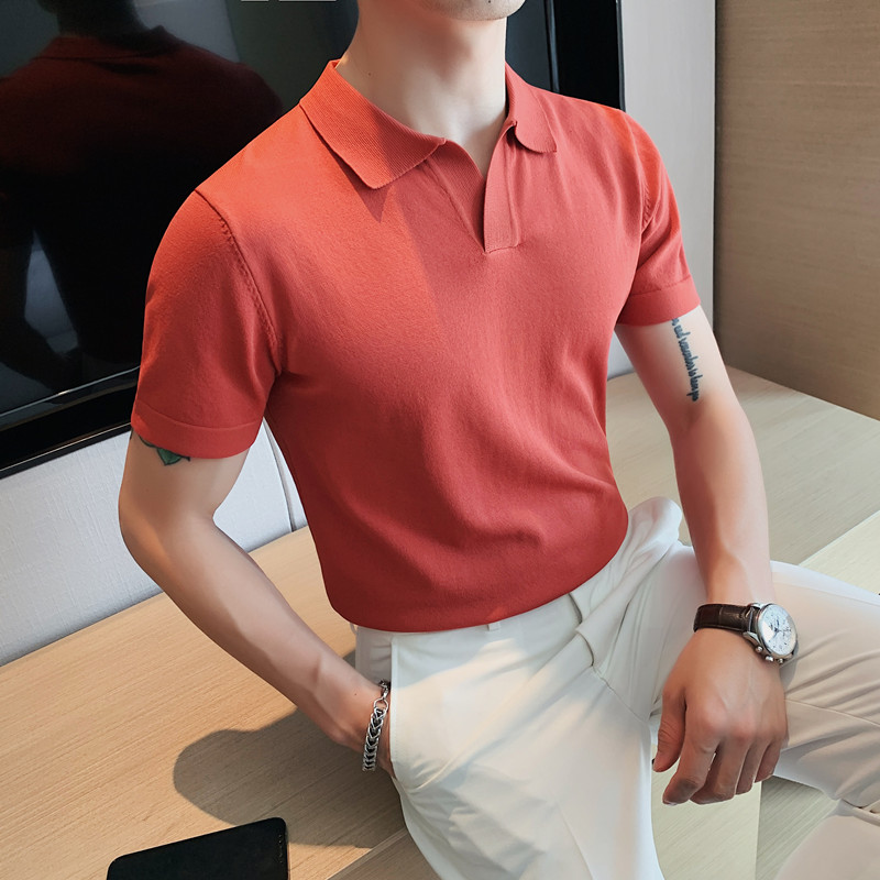 0388-P53夏季型男休闲短袖针织纯色POLO衫英伦修身翻领彩蓝色T恤,男装T恤,电商B333