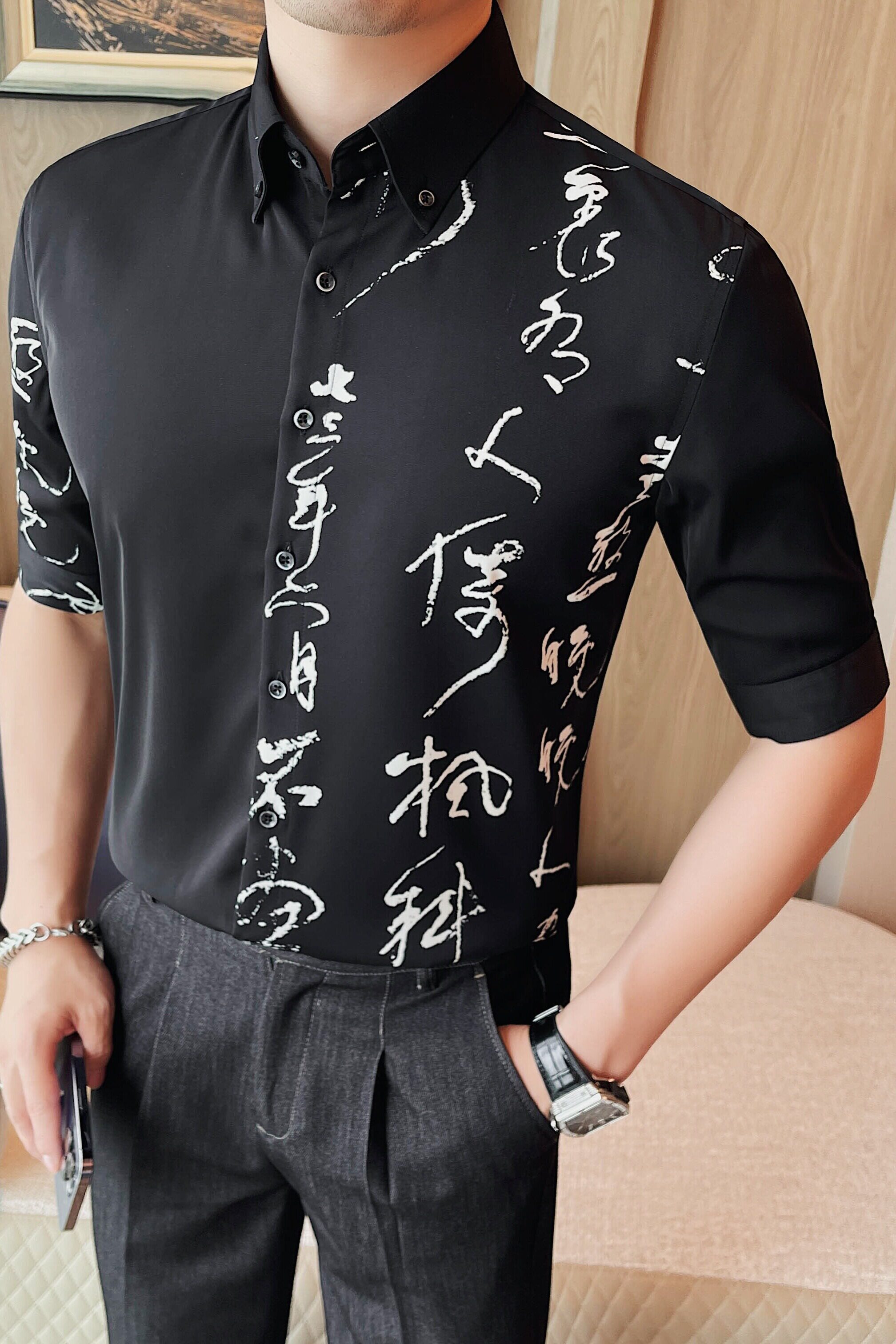 C7131-P6898中袖衬衫男士夏季新款风印花黑白衬衣五分袖,男装T恤,电商B333