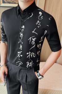 C7131-P68 98 中袖衬衫男士夏季新款 风印花黑白衬衣五分袖图片