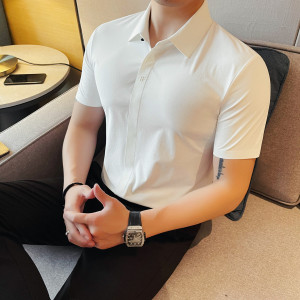 1046-P63短袖冰丝无痕衬衫男士夏季新款修身商务休闲翻领暗扣衬衣图片