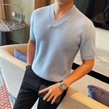 8543-P58V领粗针厚款短袖针织毛衣男士秋冬新款纯色百搭简约线衫，男装针织衫/毛衣，电商B333