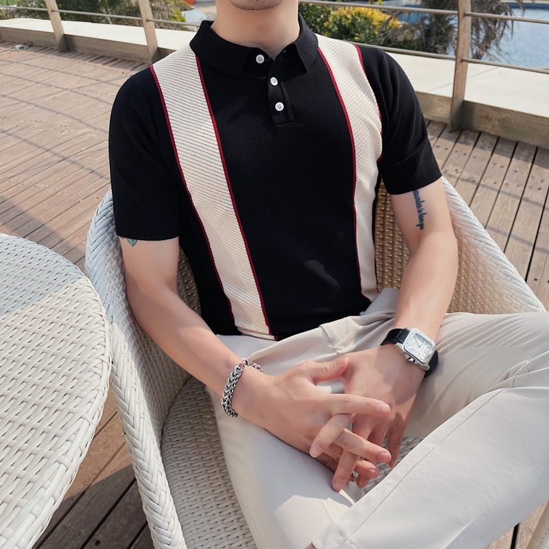 3340-P58针织冰丝短袖polo衫男士夏季修身翻领撞色条纹t恤,男装Polo衫,电商B333