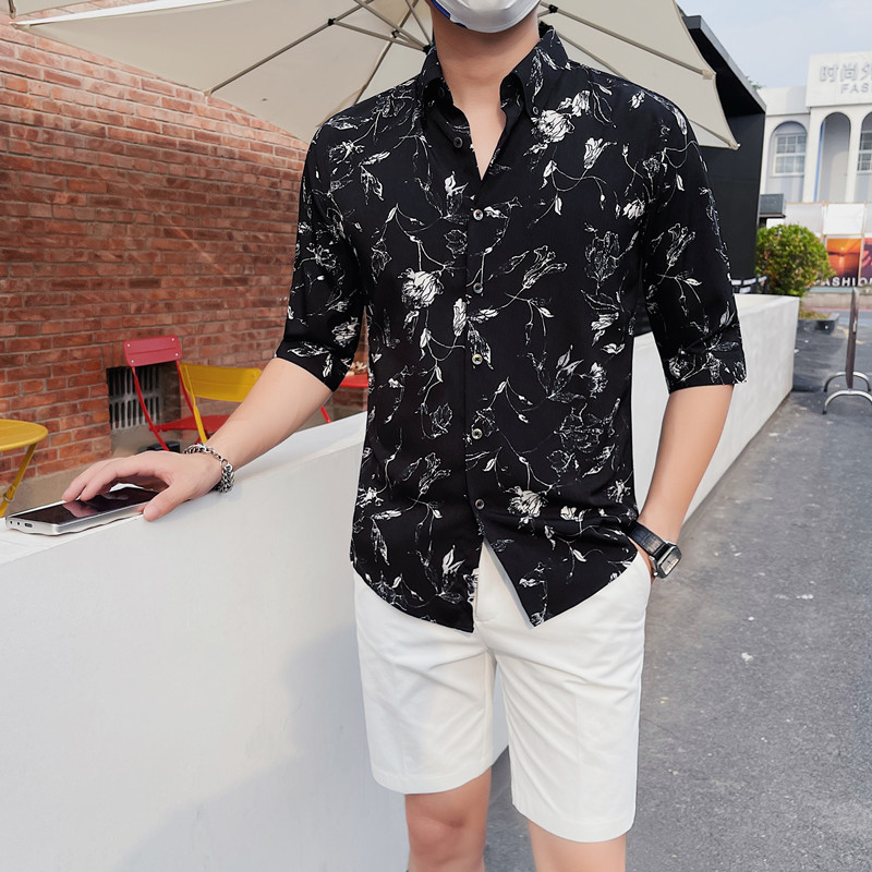 C3120-P78男士中袖衬衫夏季潮流休闲帅气修身五分袖衬衣,男装T恤,电商B333