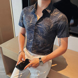 7885-P58短袖衬衫男士夏季潮流休闲帅气个性半袖修身衬衣，男装T恤，电商B333