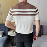 3771-P65无领针织冰丝短袖POLO衫夏季新款间色条纹简约体恤，男装Polo衫，电商B333