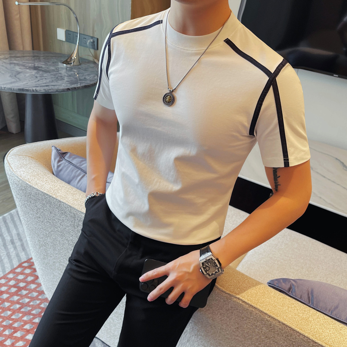 7537-P55男士短袖夏季新款时尚百搭休闲圆领短袖T恤,男装T恤,电商B333