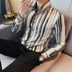 7896-P65 男士长袖衬衫秋季条纹修身潮流休闲帅气衬衣图片