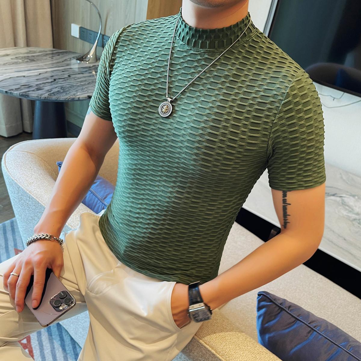 2616-P33男士半高领短袖T恤春夏新款时尚百搭修身立体体恤,男装T恤,电商B333