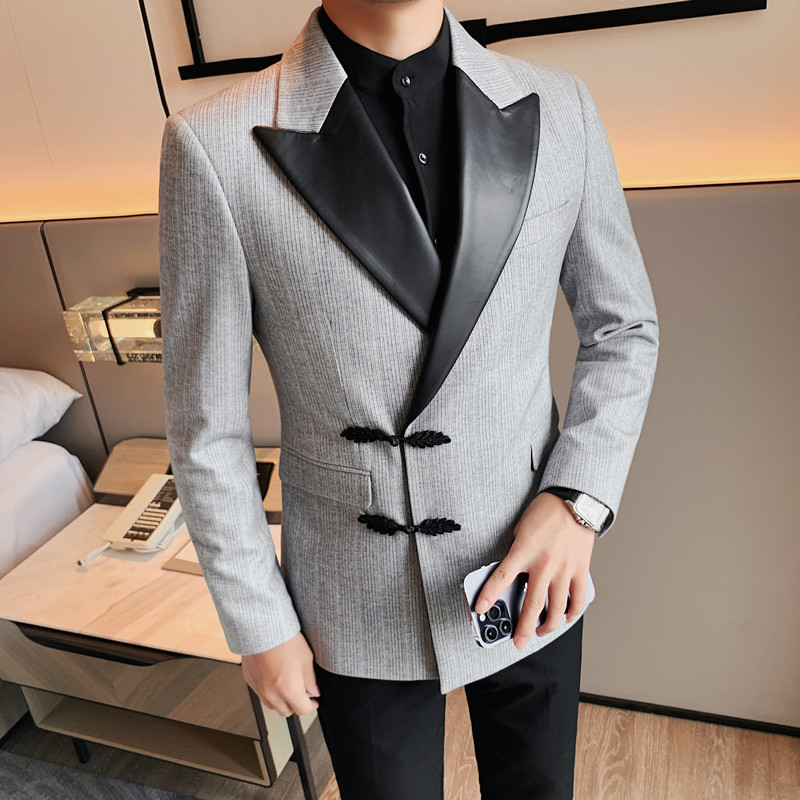 XF1038-P175厚西装外套男士西服礼服修身休闲皮领拼接单排扣,男装西服套装,电商B333