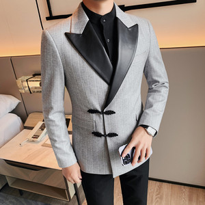 XF1038-P175 厚西装外套男士西服礼服修身休闲 皮领拼接单排扣图片