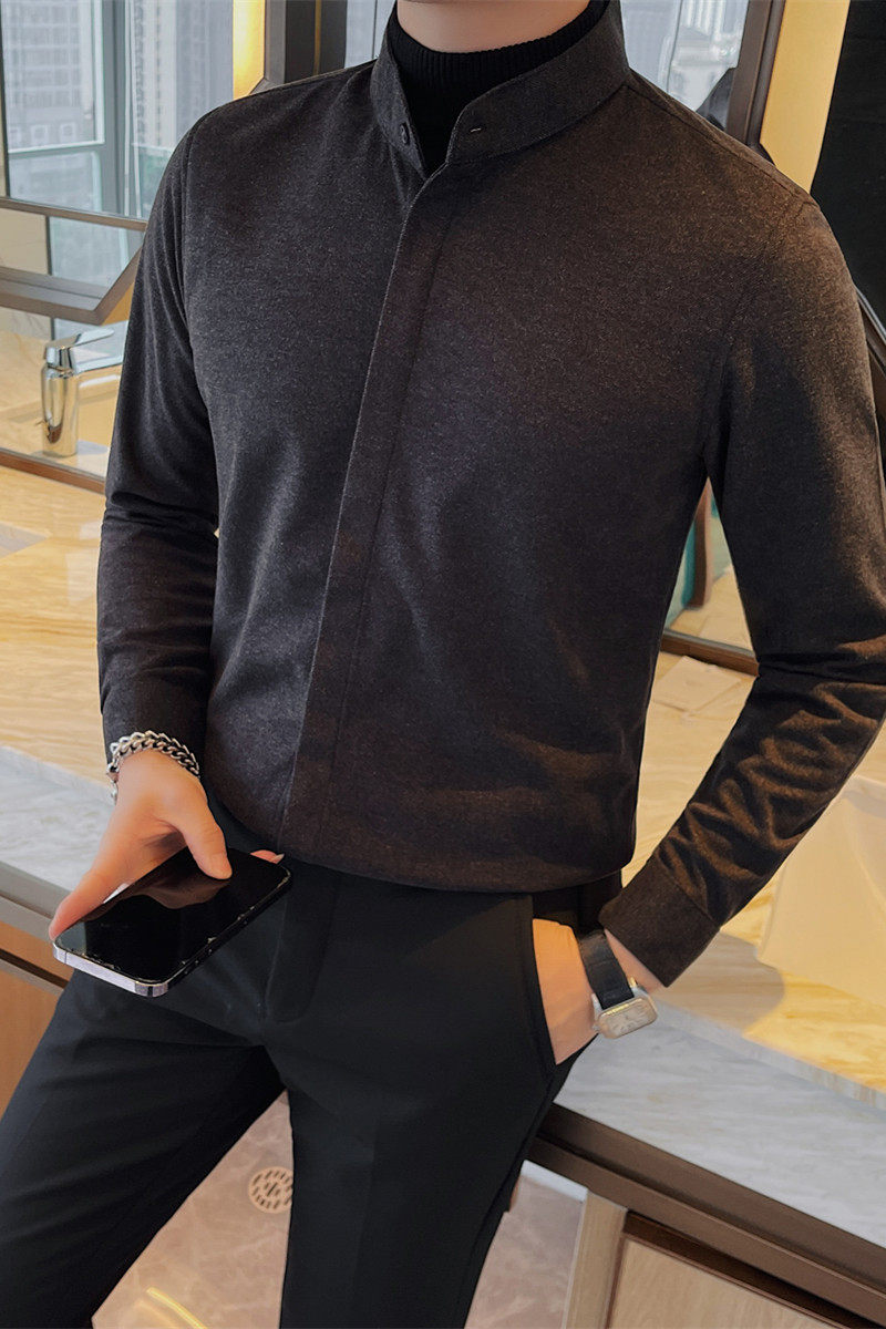 假两件-P88假两件衬衫男士冬季新款纯色修身立领暗扣,男装衬衫,电商B333
