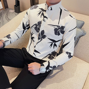 6116-P78 印花衬衫男士长袖立领衬衣 休闲时尚高级感衬衫男图片