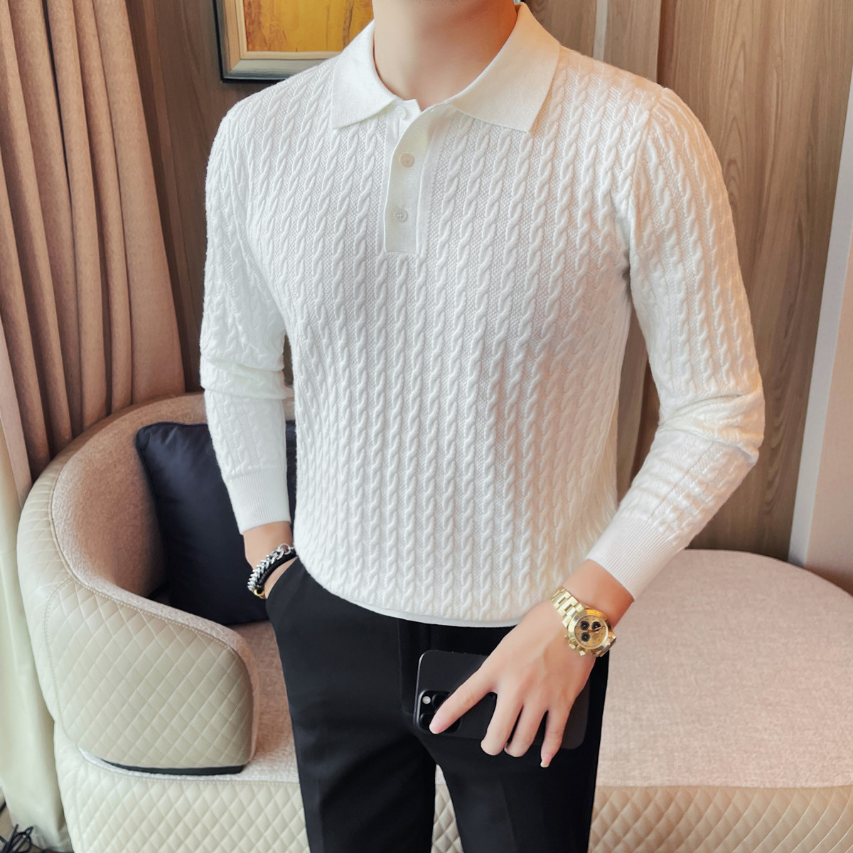 3793-P88英伦风翻领POLO衫男长袖绞花纹针织衫修身高级感毛衣,男装针织衫/毛衣,电商B333