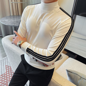 2638-P43 男士长袖拼色T恤新款半高领修身纯色中领打底衫上衣图片