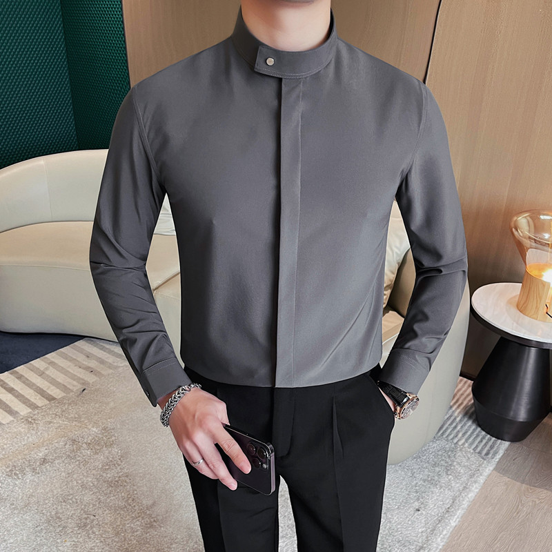 6996-P65 暗扣白色衬衫男士商务休闲纯色百搭长袖质感衬衣图片