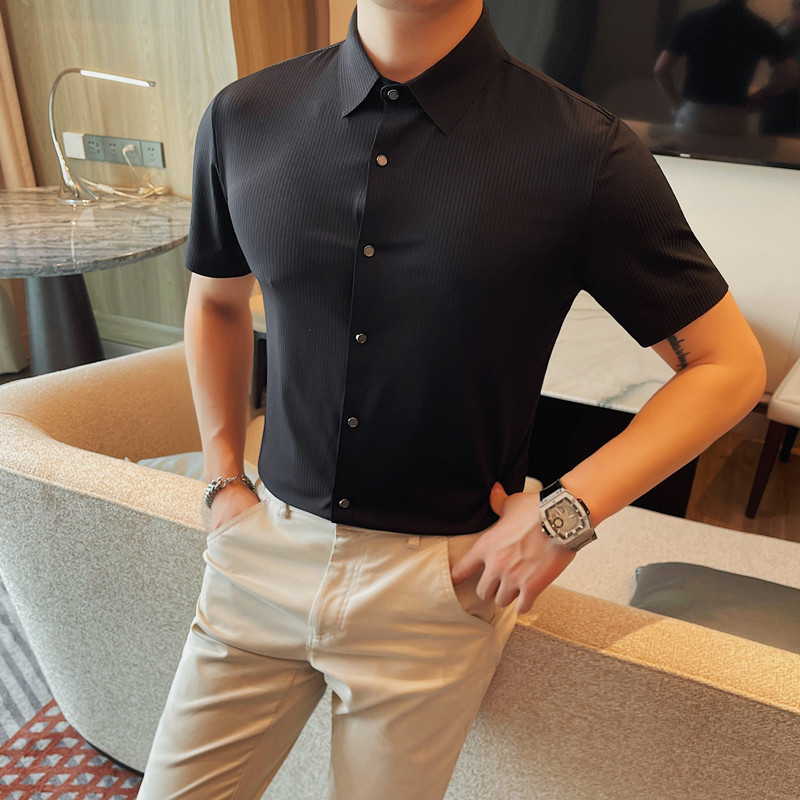 8212-P5879短袖冰丝衬衫男士夏季新款条纹纯色百搭衬衣,男装衬衫,电商B333