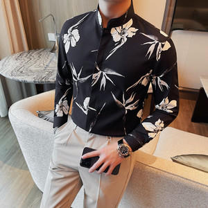 6116-P78 印花衬衫男士长袖立领衬衣 休闲时尚高级感衬衫男图片