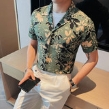 C3016-P78印花短袖衬衫男士夏季潮流休闲半袖修身衬衣绿色，男装T恤，电商B333