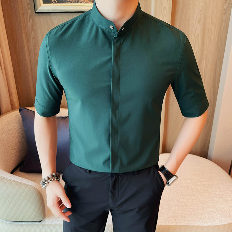 C7122-P5879短袖衬衫男士纯色立领暗扣衬衣商务休闲百搭寸衫,男装T恤,电商B333