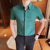 DX3010-1-P58短袖衬衫男士夏季潮流休闲帅气纯色修身帅气衬衣绿，男装T恤，电商B333