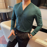 C7112-P75无痕压胶V领长袖衬衫男士纯色百搭商务休闲免烫修身衬衣，男装衬衫，电商B333