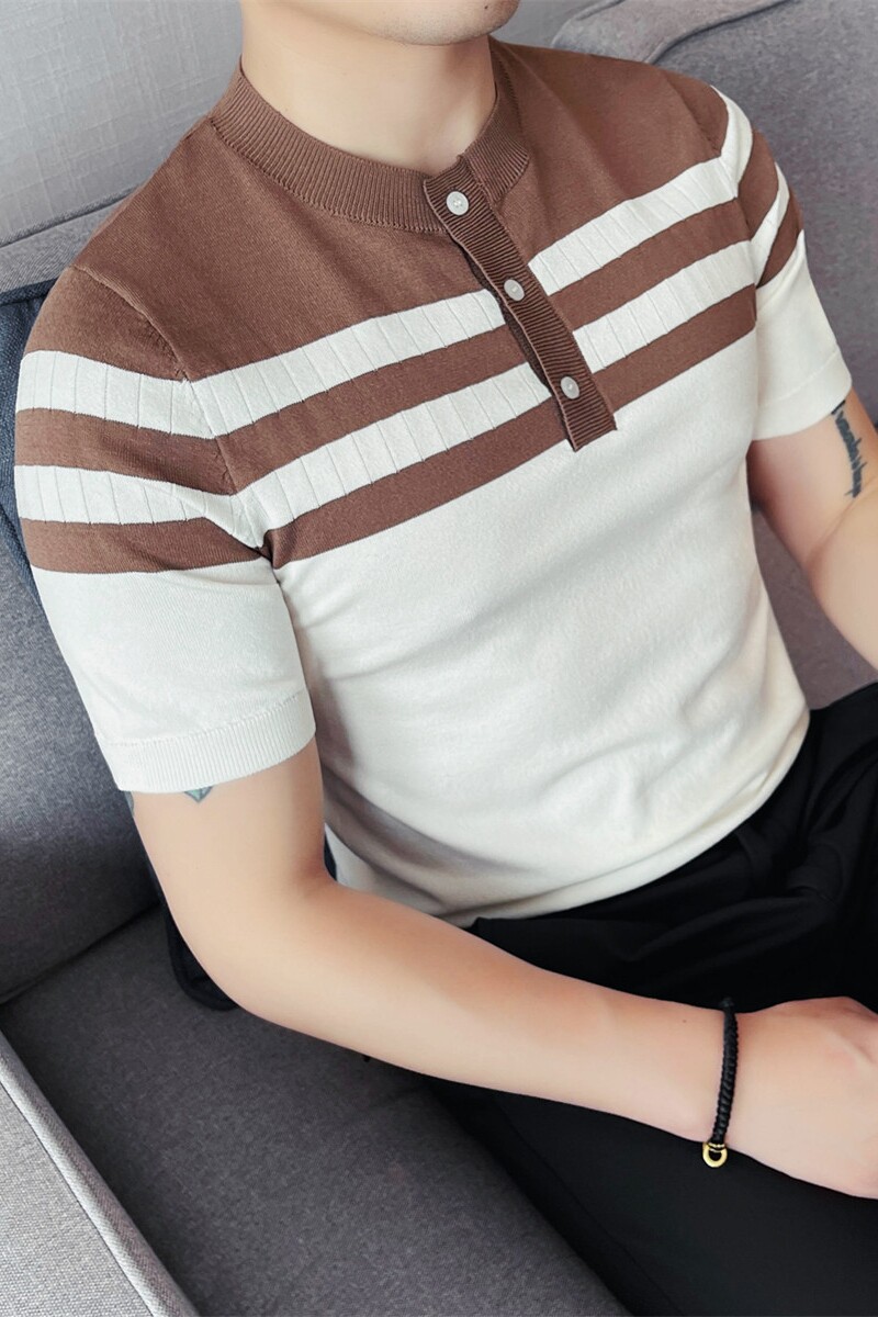 3771-P65无领针织冰丝短袖POLO衫夏季新款间色条纹简约体恤,男装Polo衫,电商B333