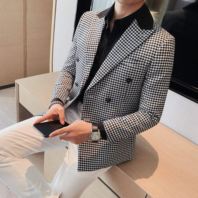 23532-P155双排扣西装外套男士秋冬新款韩版修身千鸟格西服，男装西服套装，电商B333