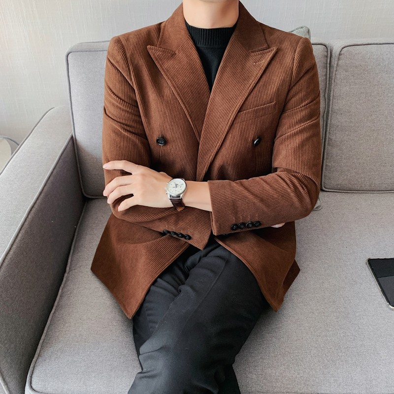 男生秋冬轻熟纯色灯芯绒西装休闲双排扣青年便服单西修身X18-P160,男装西服套装,电商B333