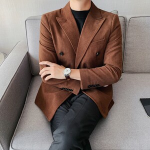男生秋冬轻熟纯色灯芯绒西装休闲双排扣青年便服单西修身X18-P160图片