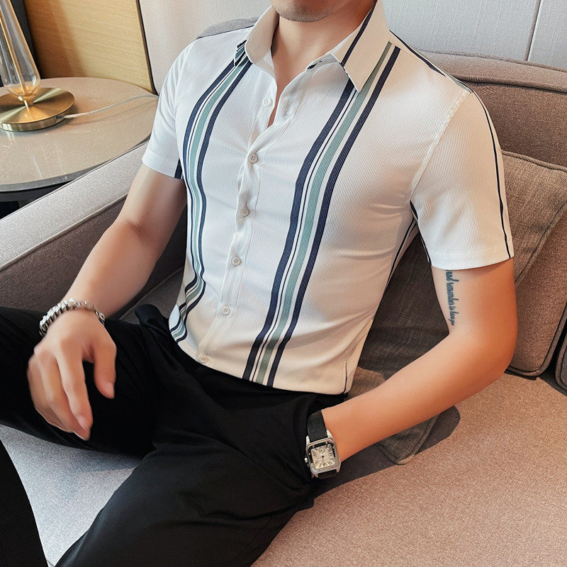 7886-P68短袖衬衫男士夏季潮流休闲帅气个性半袖修身条纹衬衣,男装T恤,电商B333